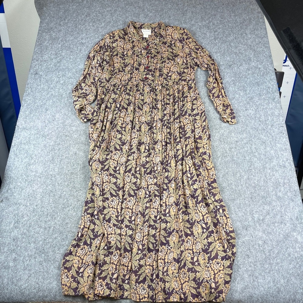 April Cornell Maxi Dress Medium Purple Gold Floral Long Sleeve Pleated Rayon